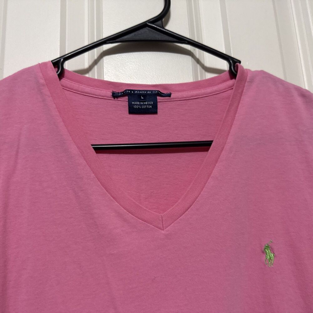 Ralph Lauren Pink Top T Shirt Short Sleeve Green Pony Cotton Y2K V-Neck Size L - Picture 3 of 6